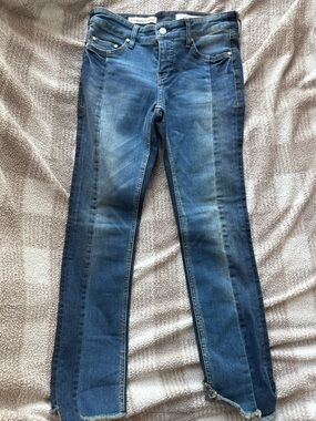 Pilcro Straight-Leg Patchwork Jeans in Dark Blue Fade